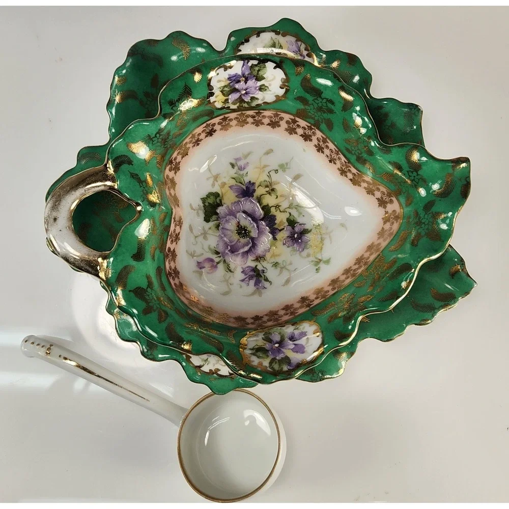 Rare 3 Piece Set 1819-1919 Victoria Carlsbad Austria Tray Bowl Ladle Brilliant